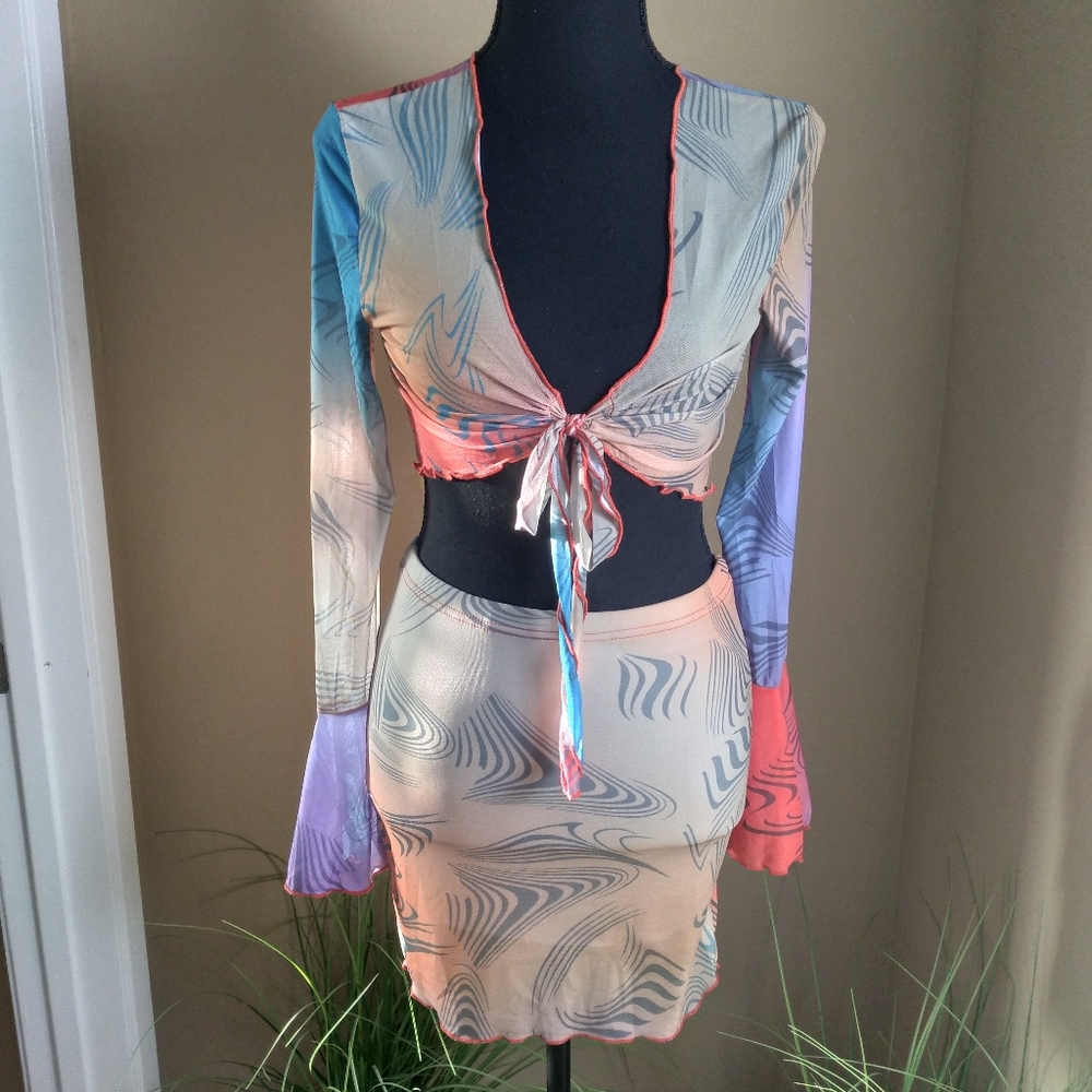 Women's Two-piece Bright Color Mesh Tie Up Shirt w/Skirt- Size Medium NWOT - Picture 12 of 17